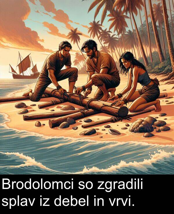 splav: Brodolomci so zgradili splav iz debel in vrvi.