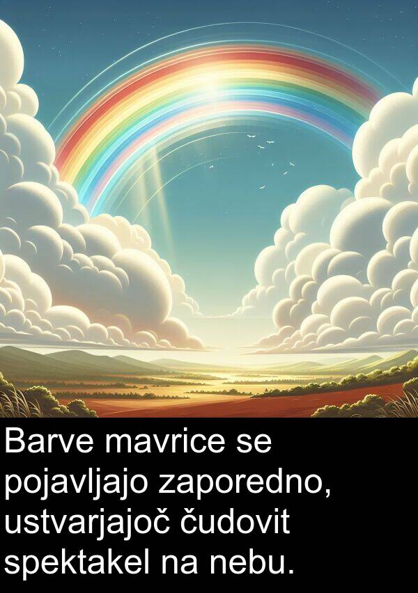 nebu: Barve mavrice se pojavljajo zaporedno, ustvarjajoč čudovit spektakel na nebu.