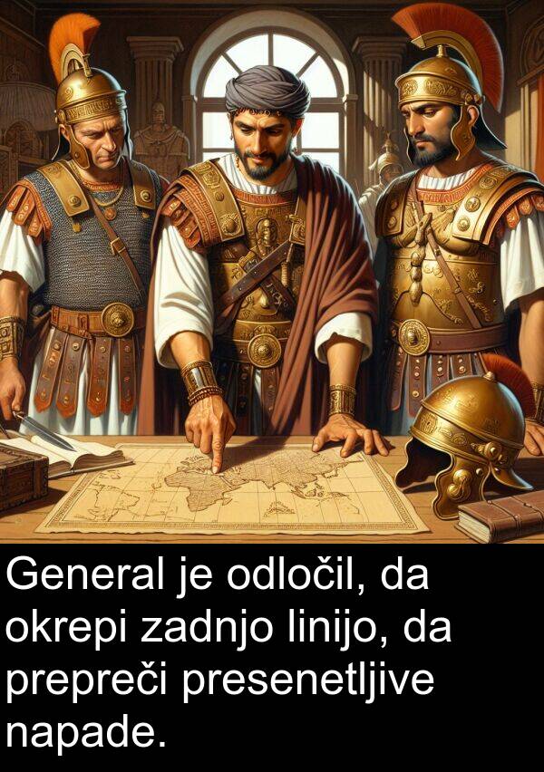 prepreči: General je odločil, da okrepi zadnjo linijo, da prepreči presenetljive napade.