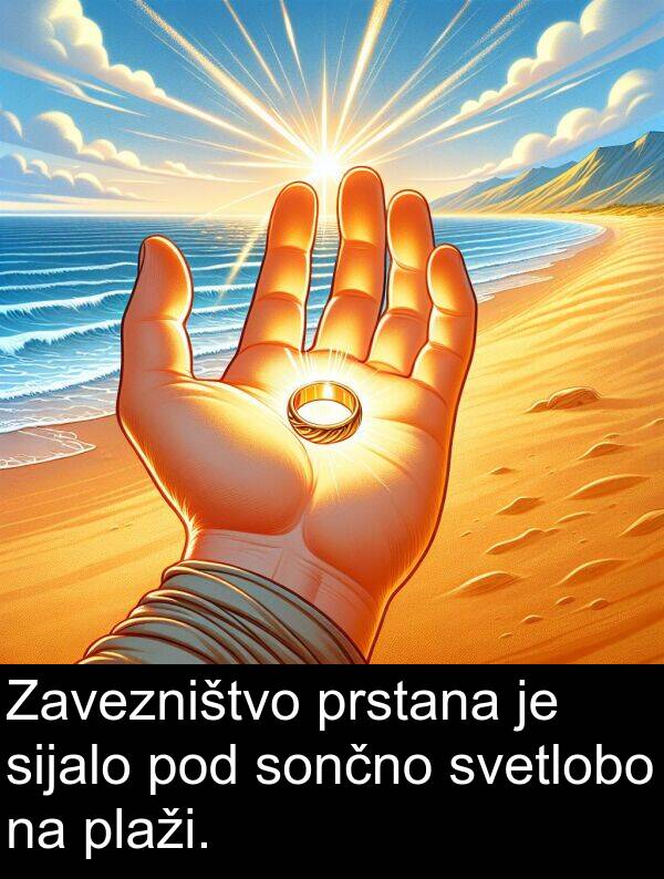 sijalo: Zavezništvo prstana je sijalo pod sončno svetlobo na plaži.