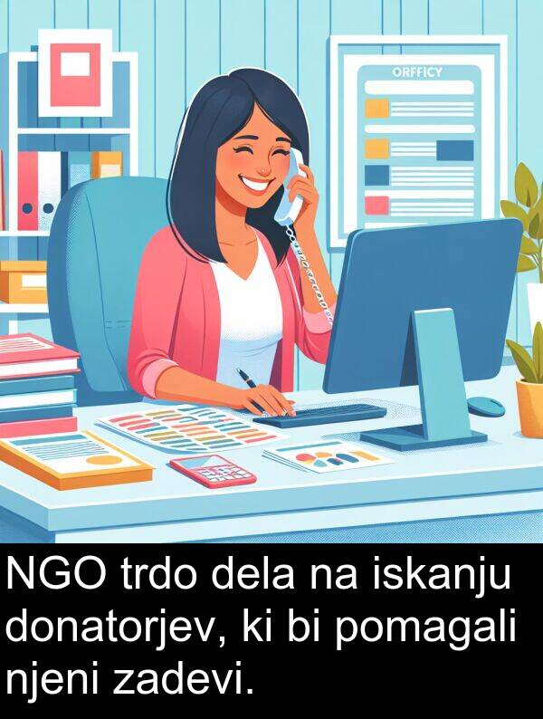 dela: NGO trdo dela na iskanju donatorjev, ki bi pomagali njeni zadevi.