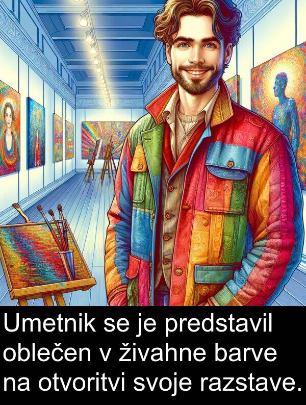 živahne: Umetnik se je predstavil oblečen v živahne barve na otvoritvi svoje razstave.
