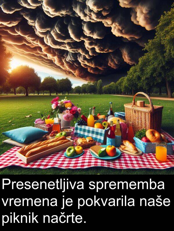 načrte: Presenetljiva sprememba vremena je pokvarila naše piknik načrte.