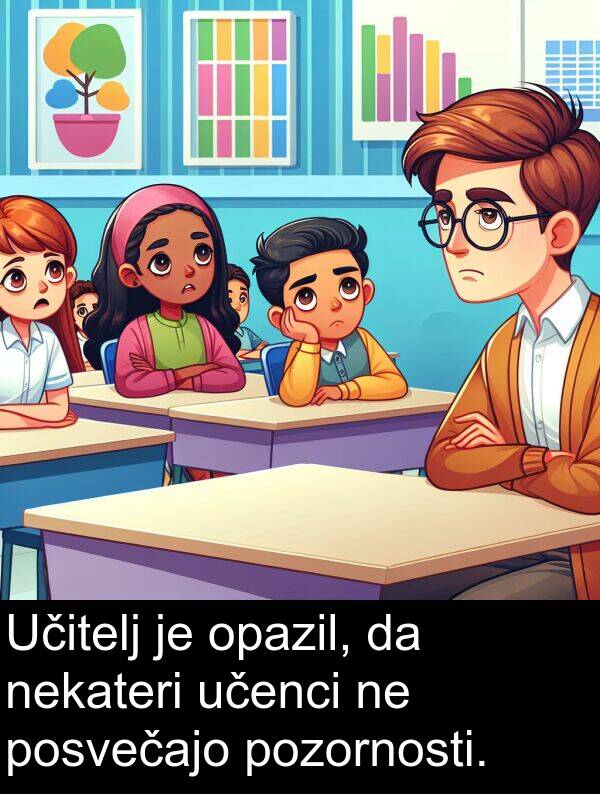 opazil: Učitelj je opazil, da nekateri učenci ne posvečajo pozornosti.