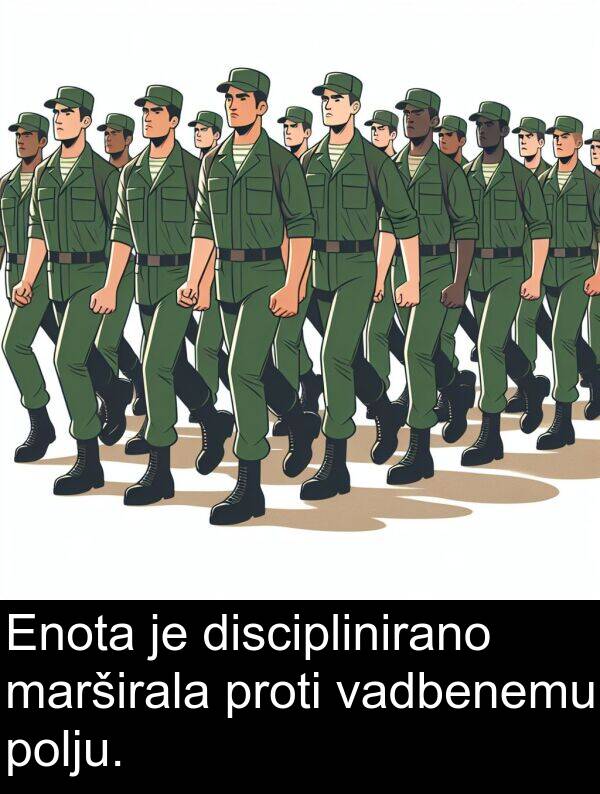 disciplinirano: Enota je disciplinirano marširala proti vadbenemu polju.