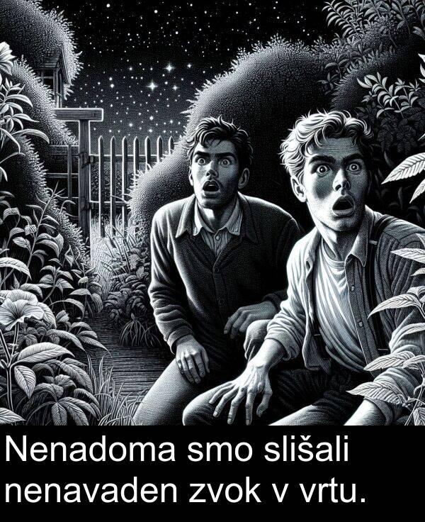 nenavaden: Nenadoma smo slišali nenavaden zvok v vrtu.