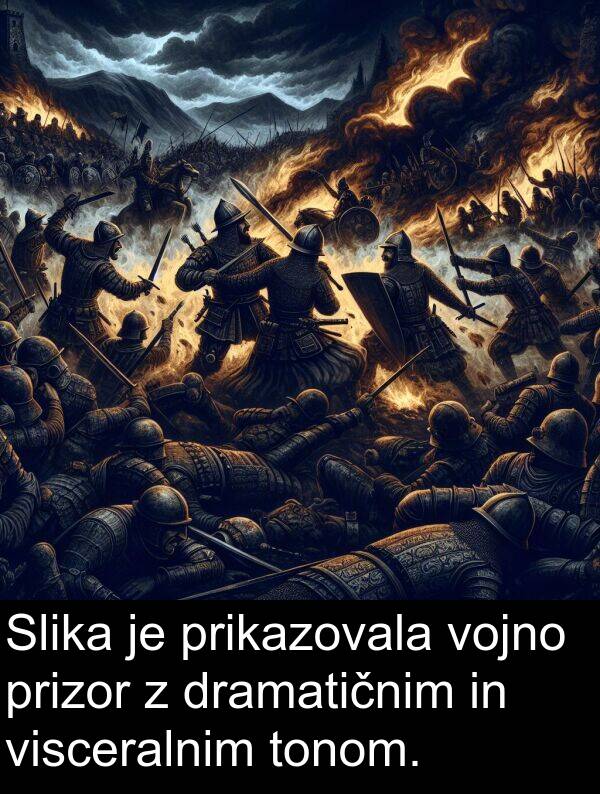 prikazovala: Slika je prikazovala vojno prizor z dramatičnim in visceralnim tonom.