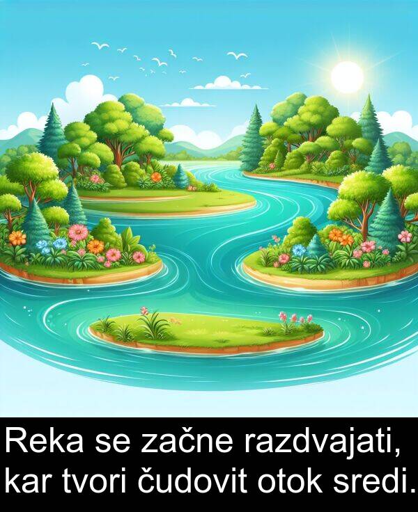 kar: Reka se začne razdvajati, kar tvori čudovit otok sredi.