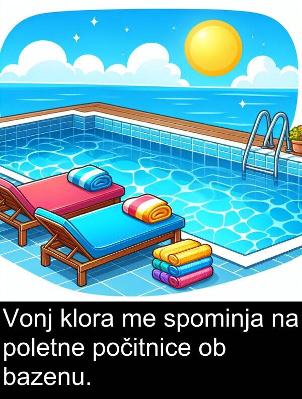 spominja: Vonj klora me spominja na poletne počitnice ob bazenu.