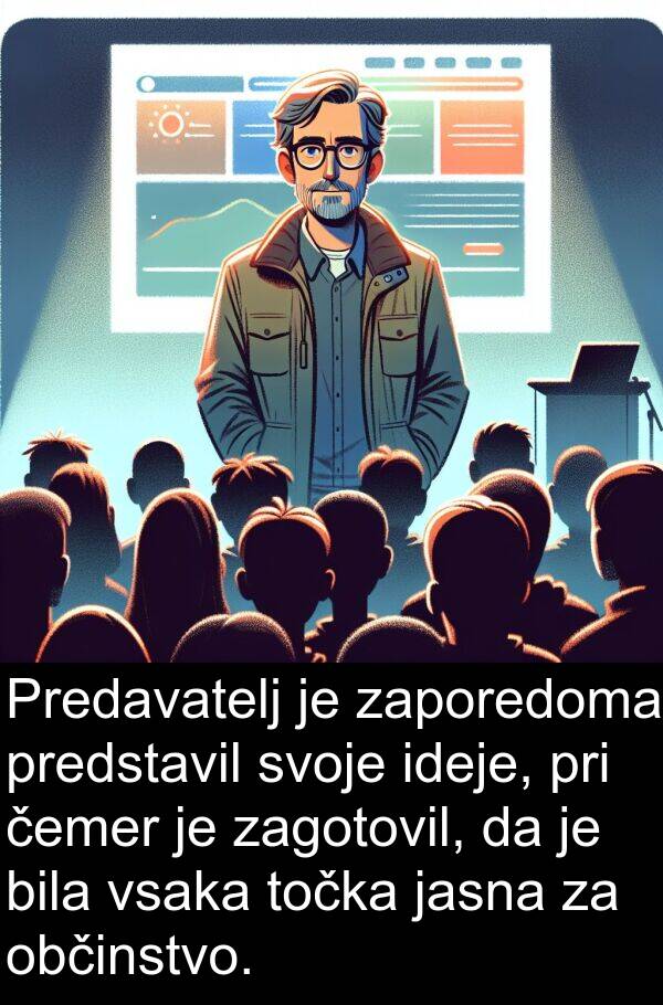 zagotovil: Predavatelj je zaporedoma predstavil svoje ideje, pri čemer je zagotovil, da je bila vsaka točka jasna za občinstvo.