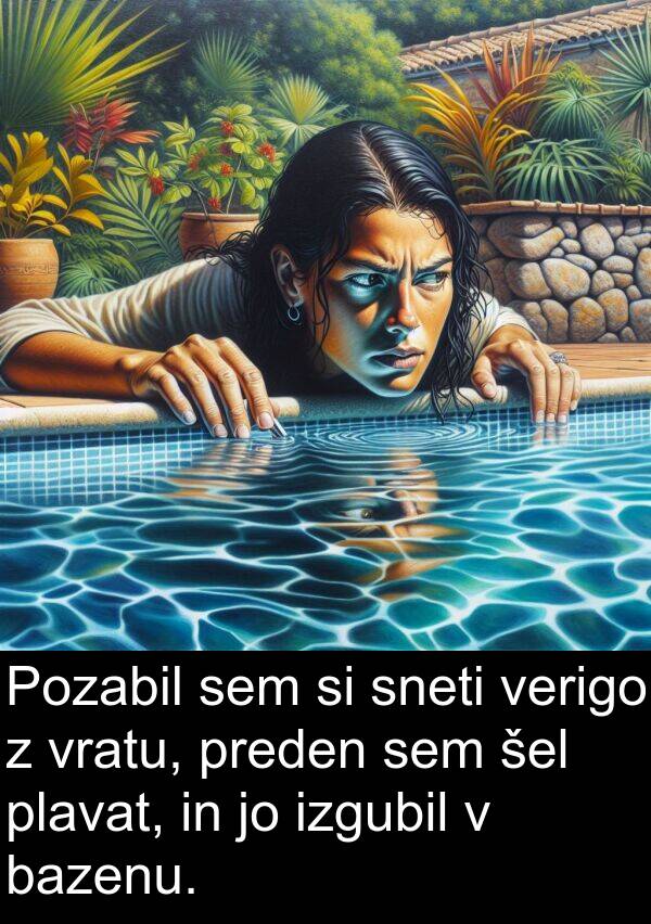 preden: Pozabil sem si sneti verigo z vratu, preden sem šel plavat, in jo izgubil v bazenu.