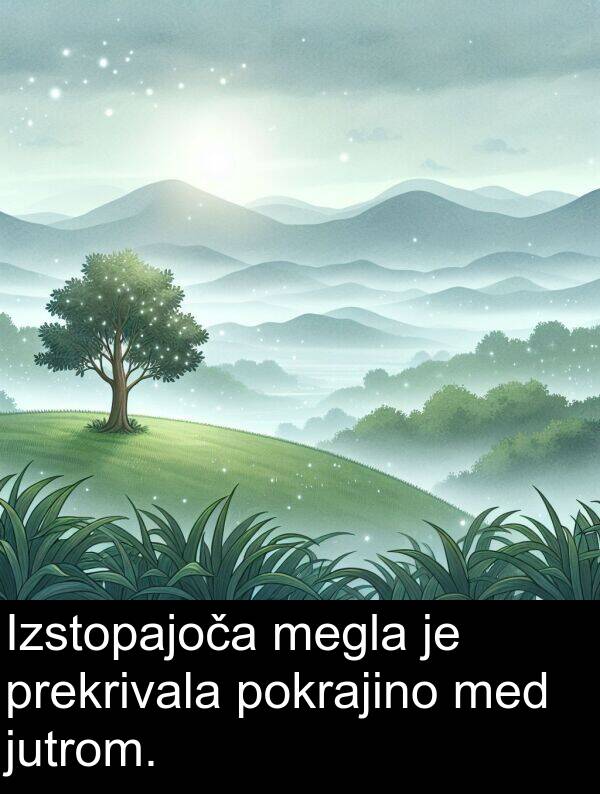 prekrivala: Izstopajoča megla je prekrivala pokrajino med jutrom.