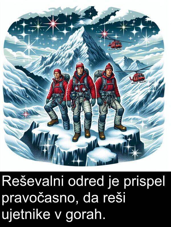 reši: Reševalni odred je prispel pravočasno, da reši ujetnike v gorah.