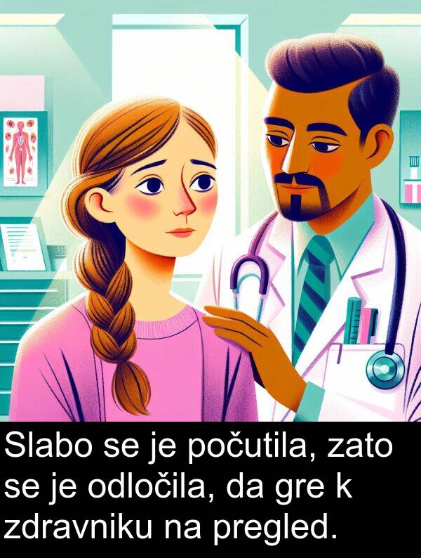 gre: Slabo se je počutila, zato se je odločila, da gre k zdravniku na pregled.
