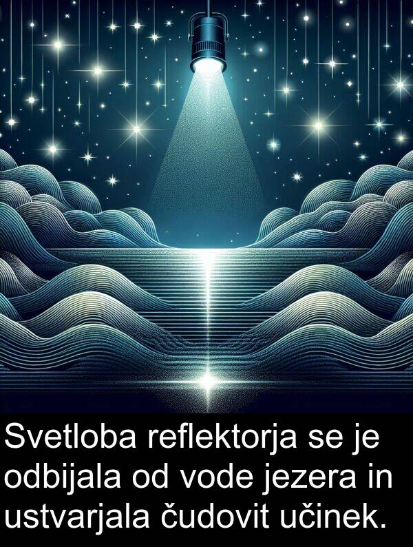 reflektorja: Svetloba reflektorja se je odbijala od vode jezera in ustvarjala čudovit učinek.
