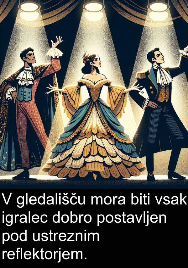 biti: V gledališču mora biti vsak igralec dobro postavljen pod ustreznim reflektorjem.