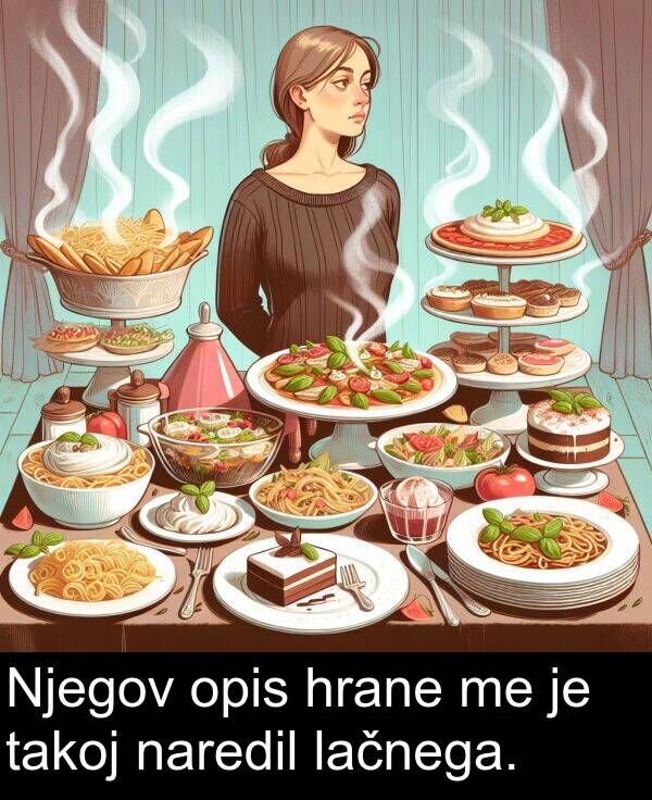 lačnega: Njegov opis hrane me je takoj naredil lačnega.