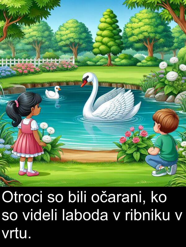 laboda: Otroci so bili očarani, ko so videli laboda v ribniku v vrtu.