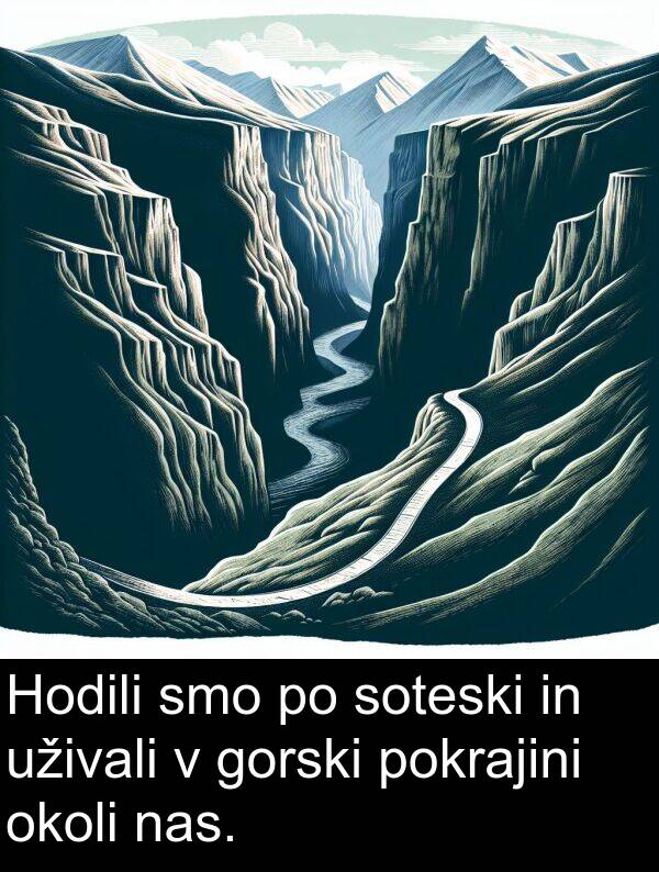 pokrajini: Hodili smo po soteski in uživali v gorski pokrajini okoli nas.