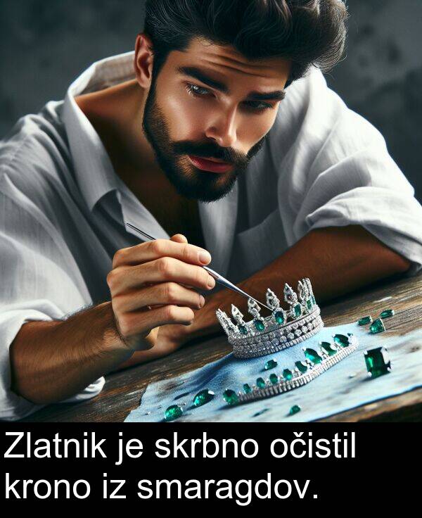 smaragdov: Zlatnik je skrbno očistil krono iz smaragdov.
