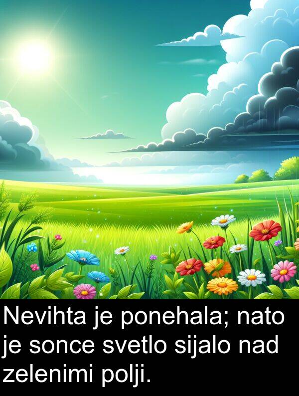 sijalo: Nevihta je ponehala; nato je sonce svetlo sijalo nad zelenimi polji.