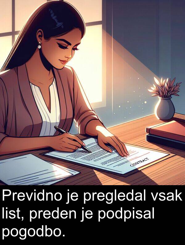 preden: Previdno je pregledal vsak list, preden je podpisal pogodbo.