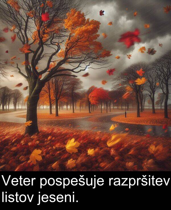 razpršitev: Veter pospešuje razpršitev listov jeseni.