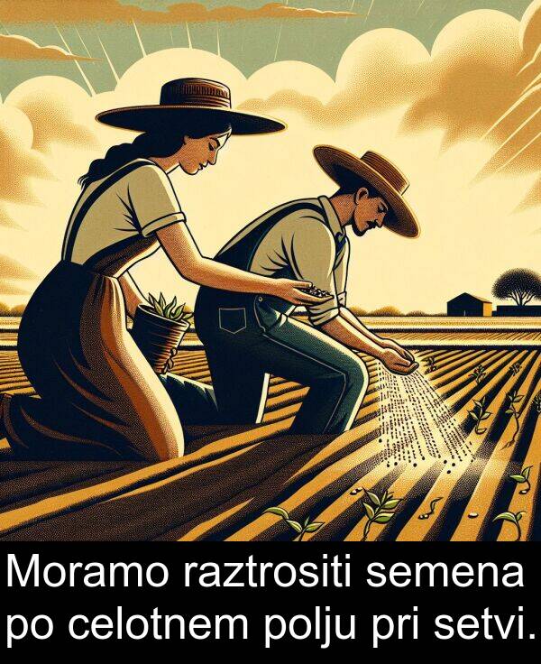 celotnem: Moramo raztrositi semena po celotnem polju pri setvi.