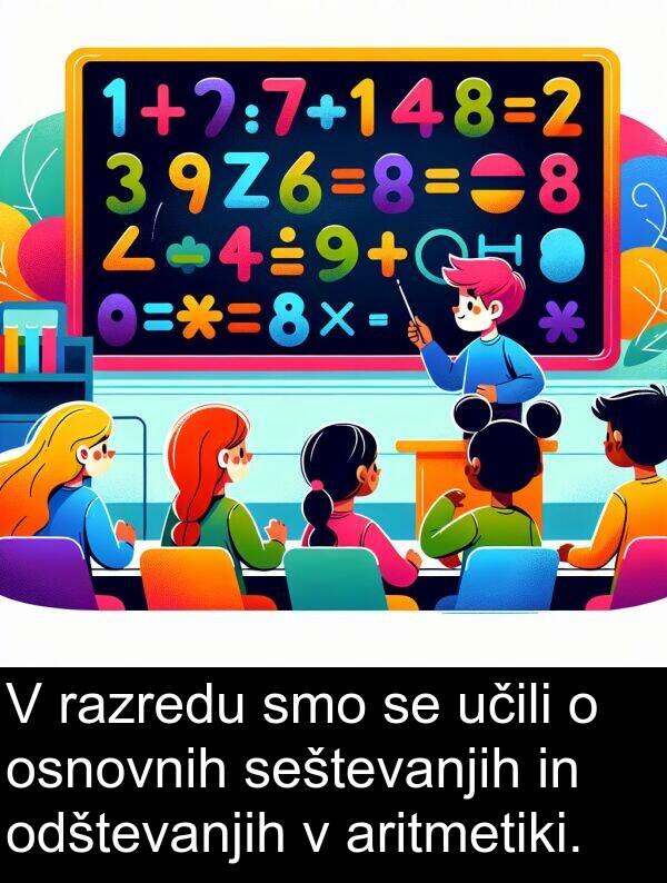 razredu: V razredu smo se učili o osnovnih seštevanjih in odštevanjih v aritmetiki.