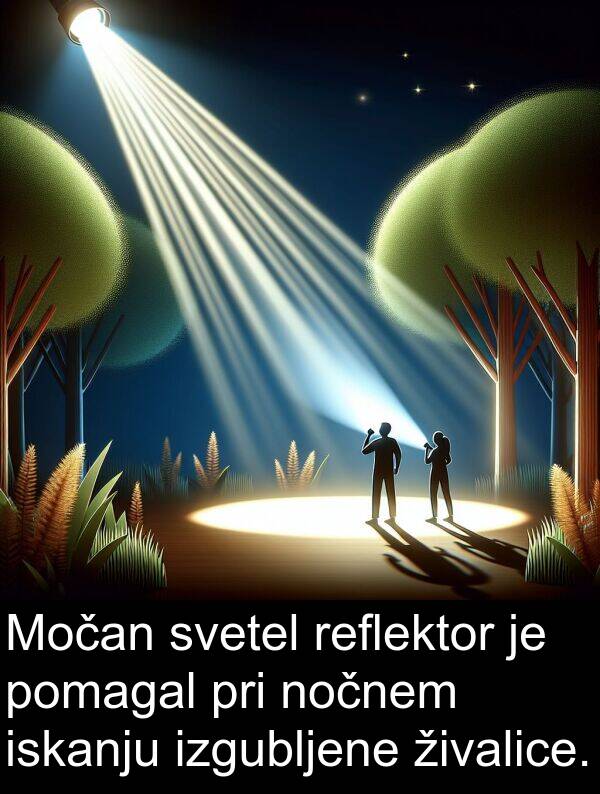 reflektor: Močan svetel reflektor je pomagal pri nočnem iskanju izgubljene živalice.