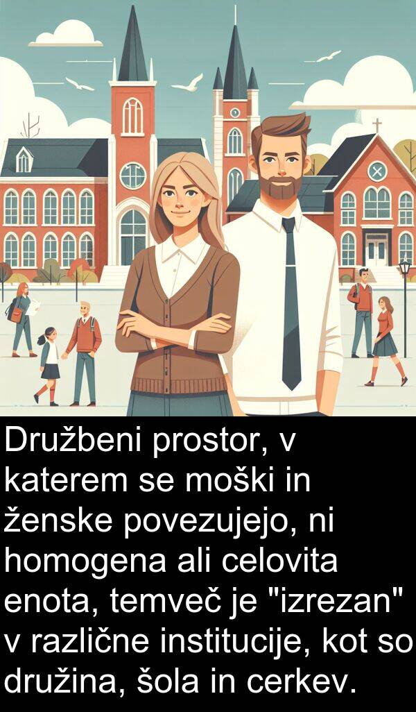 ženske: Družbeni prostor, v katerem se moški in ženske povezujejo, ni homogena ali celovita enota, temveč je "izrezan" v različne institucije, kot so družina, šola in cerkev.