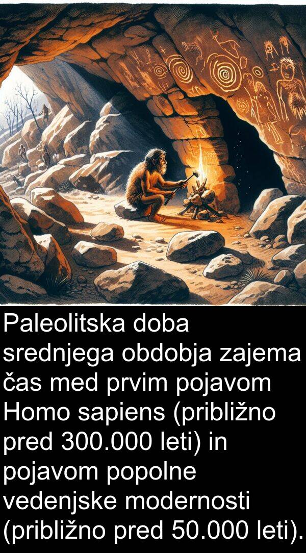 sapiens: Paleolitska doba srednjega obdobja zajema čas med prvim pojavom Homo sapiens (približno pred 300.000 leti) in pojavom popolne vedenjske modernosti (približno pred 50.000 leti).