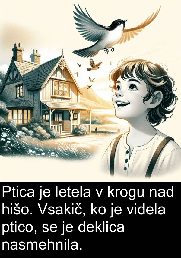hišo: Ptica je letela v krogu nad hišo. Vsakič, ko je videla ptico, se je deklica nasmehnila.