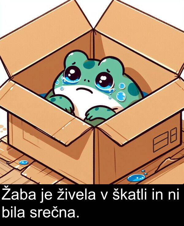 škatli: Žaba je živela v škatli in ni bila srečna.