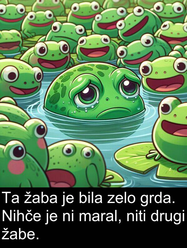 žabe: Ta žaba je bila zelo grda. Nihče je ni maral, niti drugi žabe.