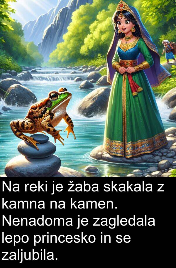 kamna: Na reki je žaba skakala z kamna na kamen. Nenadoma je zagledala lepo princesko in se zaljubila.