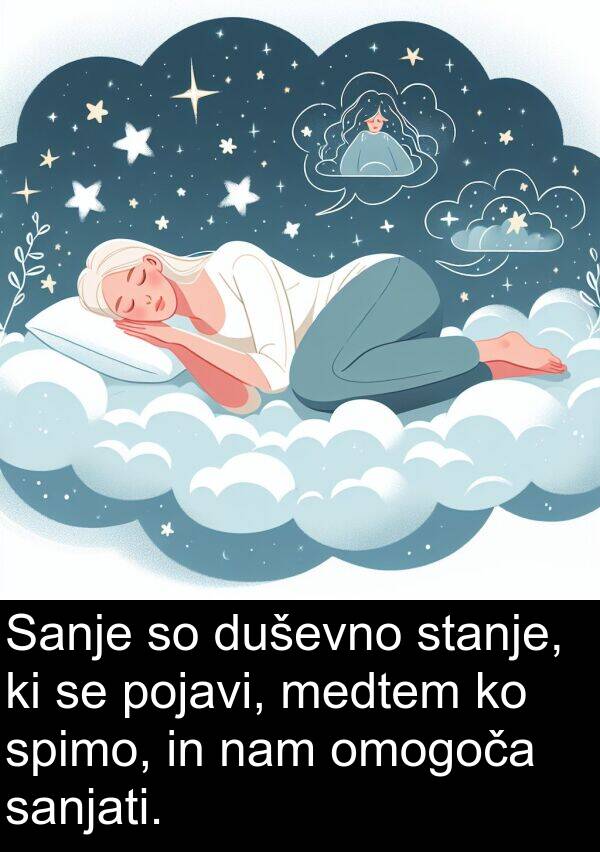 sanjati: Sanje so duševno stanje, ki se pojavi, medtem ko spimo, in nam omogoča sanjati.