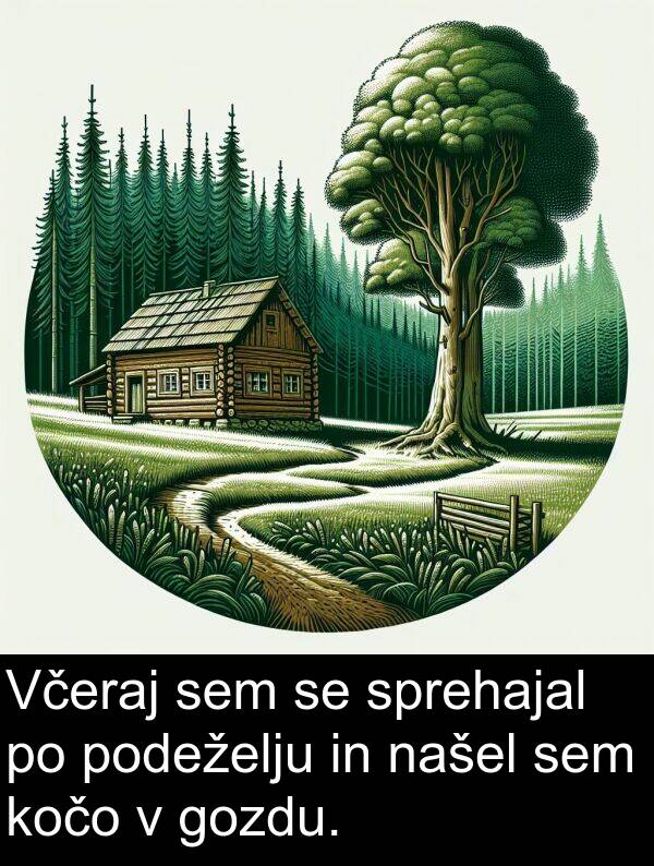 našel: Včeraj sem se sprehajal po podeželju in našel sem kočo v gozdu.