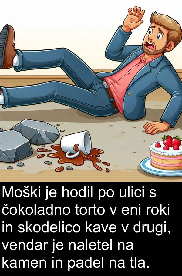 kamen: Moški je hodil po ulici s čokoladno torto v eni roki in skodelico kave v drugi, vendar je naletel na kamen in padel na tla.