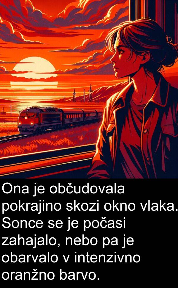 obarvalo: Ona je občudovala pokrajino skozi okno vlaka. Sonce se je počasi zahajalo, nebo pa je obarvalo v intenzivno oranžno barvo.
