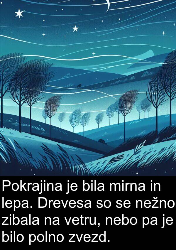 nebo: Pokrajina je bila mirna in lepa. Drevesa so se nežno zibala na vetru, nebo pa je bilo polno zvezd.