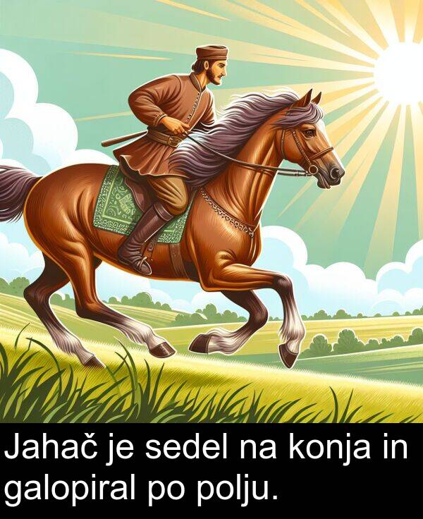 galopiral: Jahač je sedel na konja in galopiral po polju.