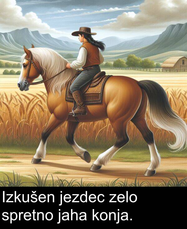 spretno: Izkušen jezdec zelo spretno jaha konja.