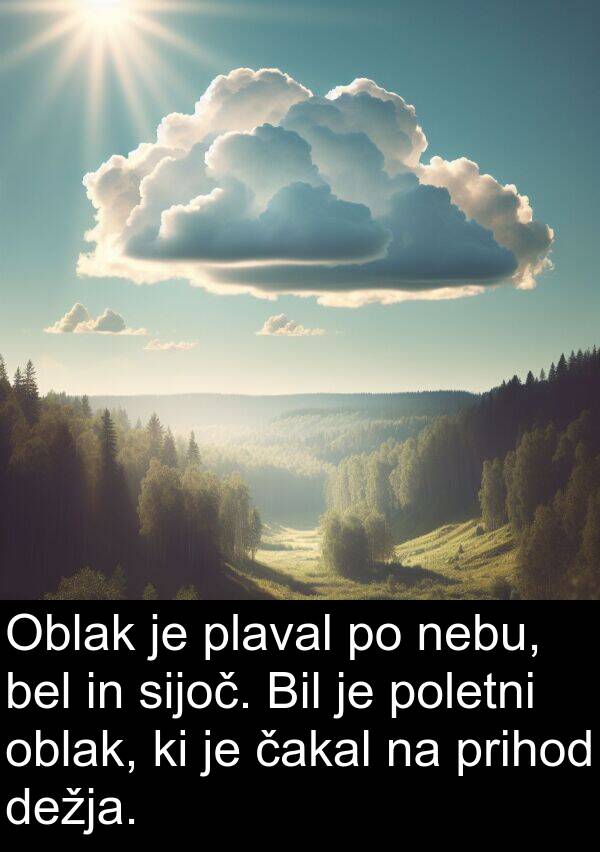 bel: Oblak je plaval po nebu, bel in sijoč. Bil je poletni oblak, ki je čakal na prihod dežja.