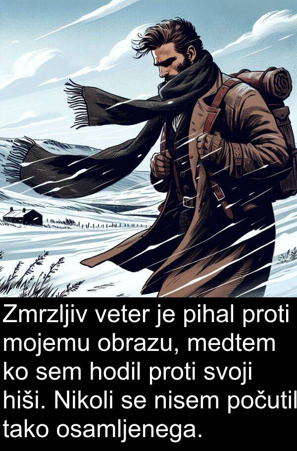 hiši: Zmrzljiv veter je pihal proti mojemu obrazu, medtem ko sem hodil proti svoji hiši. Nikoli se nisem počutil tako osamljenega.