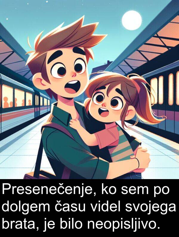 neopisljivo: Presenečenje, ko sem po dolgem času videl svojega brata, je bilo neopisljivo.