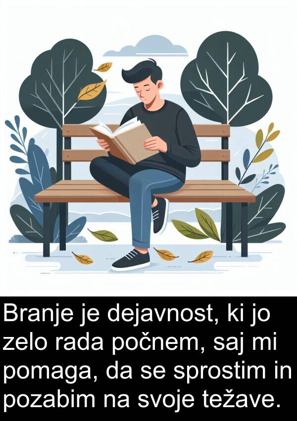 rada: Branje je dejavnost, ki jo zelo rada počnem, saj mi pomaga, da se sprostim in pozabim na svoje težave.