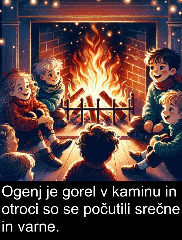 otroci: Ogenj je gorel v kaminu in otroci so se počutili srečne in varne.