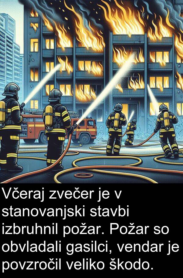 gasilci: Včeraj zvečer je v stanovanjski stavbi izbruhnil požar. Požar so obvladali gasilci, vendar je povzročil veliko škodo.