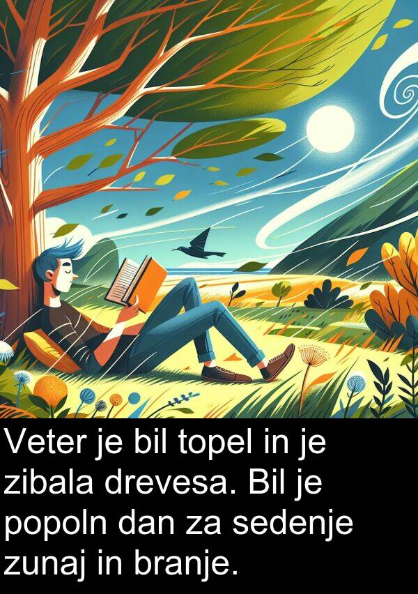 sedenje: Veter je bil topel in je zibala drevesa. Bil je popoln dan za sedenje zunaj in branje.